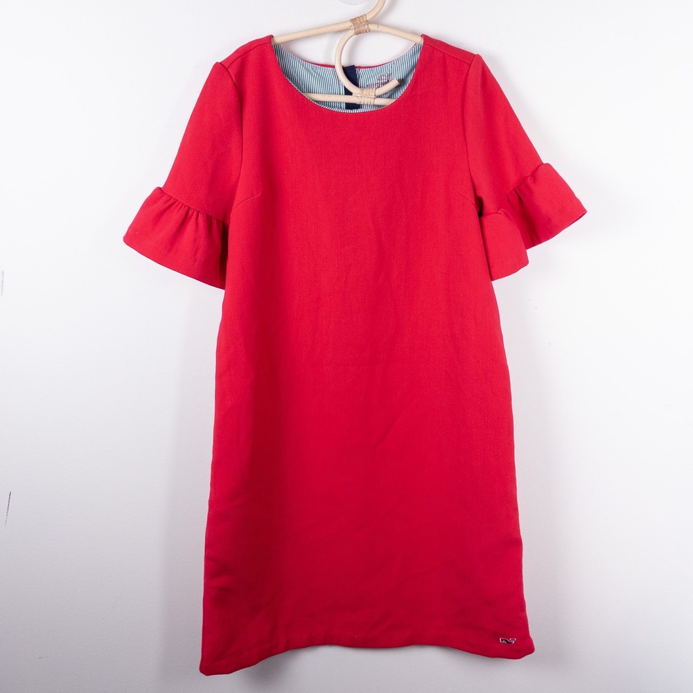 Vineyard Vines Dress Girls 10 Red Ruffle Sleeve Zip Back‎ Whale Logo Preppy